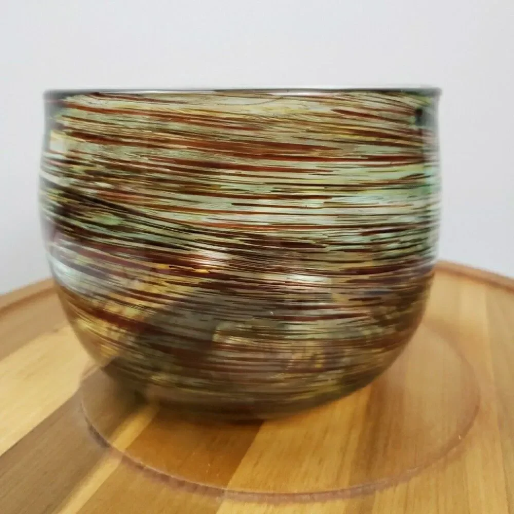 David Kolasky Signed Studio Blown Art Glass Vase Brown & Multi Swirls Bowl